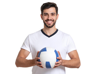 Young Volleyball Athlete in White Shirt Holding Ball and Smiling – Transparent PNG.