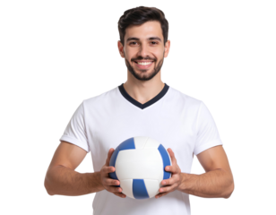 Young Volleyball Athlete in White Shirt Holding Ball and Smiling – Transparent PNG.