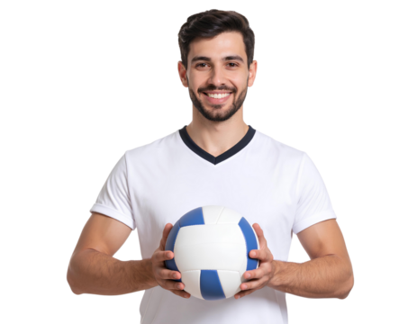 Young Volleyball Athlete in White Shirt Holding Ball and Smiling – Transparent PNG.