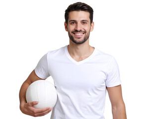 Young Volleyball Athlete in White Shirt Holding Ball and Smiling – Transparent PNG.