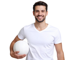 Young Volleyball Athlete in White Shirt Holding Ball and Smiling – Transparent PNG.