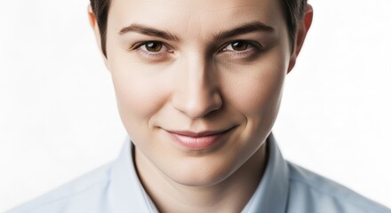 Close up portrait of a woman with short hair smiling at the camera view