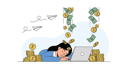 Fototapeta premium Exhausted entrepreneur falls asleep at desk while money rains down symbolizing financial success and hard work leading to wealth and prosperity in a business venture