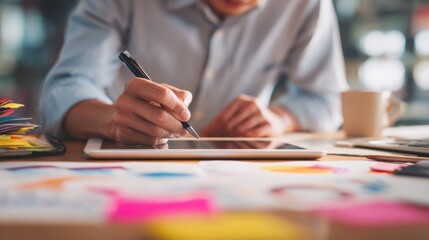 Medium shot of a content creator brainstorming with a tablet in hand surrounded by outoffocus marketing materials and props illustrating the craft of embedding subtle product