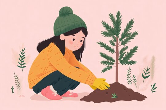 Young girl wearing gloves and a cozy wooly hat is joyfully planting a small tree in her backyard, nurturing nature and sustainability