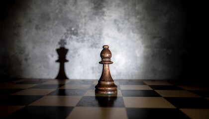 A lone bishop on a chessboard casting a king's shadow, symbolizing ambition, potential, and hidden power.