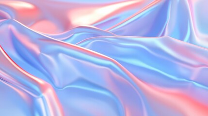 Abstract iridescent fabric with pastel pink and blue hues, flowing and draped in soft waves and folds.