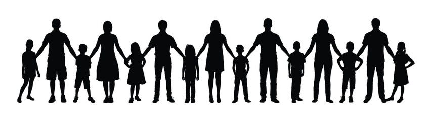 Adult young people standing with group of children front view vector silhouette set. Group of woman and man teachers hugging and embracing pupils kids portrait silhouettes.