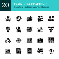 Training & Coaching Glyph Black Silhouette Icon Sheet Vector Design - representing , evaluation, skill development, feedback, growth, skill building, and education