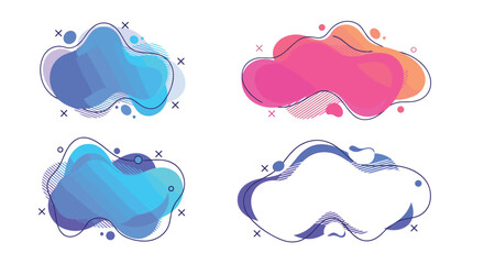 Collection of four abstract organic shapes in bright gradient colors with dashed outlines and black line patterns for modern design and branding