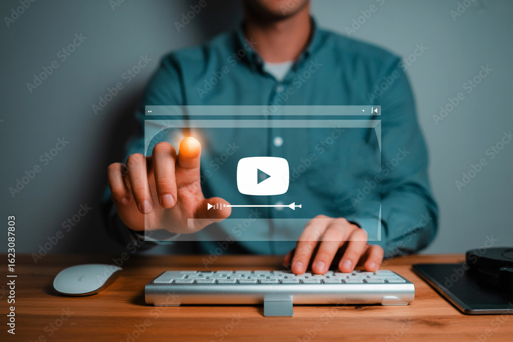Aufkleber man interacting with online video platform on virtual screen promoting digital content and interacti