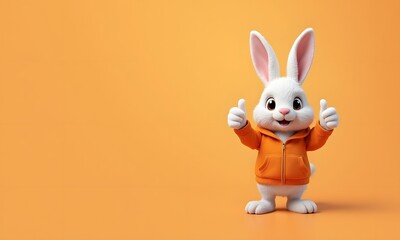 Adorable White Rabbit Cheerful Friendly Giving Thumbs Up Against Solid Orange Background