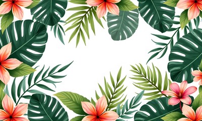 Tropical Leaves Flowers Border Digital Illustration in Coral Pink Orange Green White with Copy Space