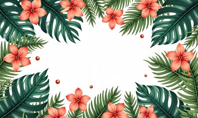 Tropical Floral Border Realistic Botanical Illustration in Vibrant Coral Green White for Invitations Greetings with Copy Space