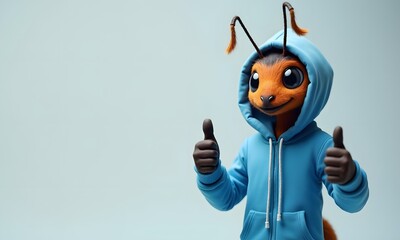 3D Ant Friendly Giving Thumbs-Up Against Light Blue Background with Copy Space