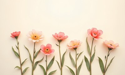 Flatlay Pink Peach Flowers in Pale Pink Peach Green Pale Yellow for Minimalist Decor