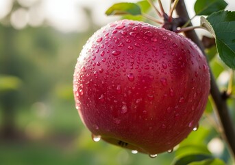 Obraz premium Fresh ripe red apple with water droplets hanging on a tree branch in an orchard