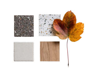 Four sample tiles, showcasing various textures and colors, with an autumn leaf