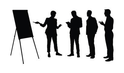 Business meeting with clients black silhouette. Business speaker giving a presentation standing and pointing on whiteboard isolated silhouettes.