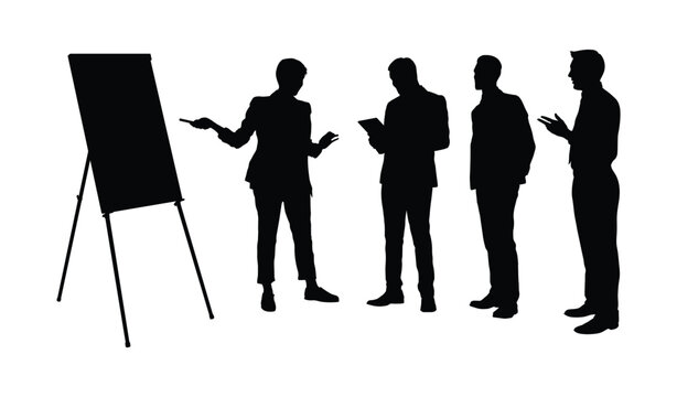 Business meeting with clients black silhouette. Business speaker giving a presentation standing and pointing on whiteboard isolated silhouettes.