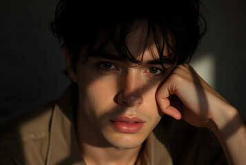 Close-up portrait of a thoughtful young man with dramatic lighting and shadows

