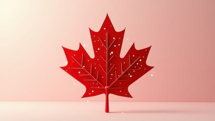A Shiny Red Maple Leaf With Snowflakes Falling Gently On A Soft Pink Background