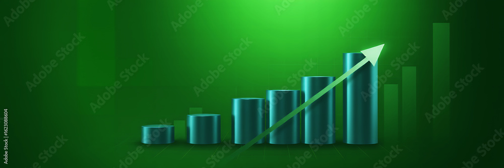 Poster a green background with a bar graph showing an upward trend with a green arrow pointing up