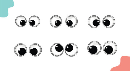 A collection of animated googly eyes with playful pupils looking in different directions against a clean white background with colorful splotches