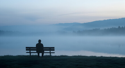 Silhouette of a person sitting on a bench overlooking a misty lake at dawn, peaceful and serene.