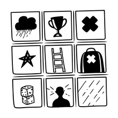 9 editable vector icons about fear of failure and emotional block — broken ladder, falling star, cracked trophy, mental pressure and more. Clean flat style with pastel colors. Perfect for coaching, ps