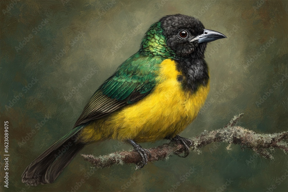 Poster colorful bird perched on a branch in a natural setting with vibrant plumage and soft background