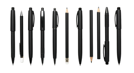 A Lineup of Writing Utensils: A variety of sleek black pens and pencils are arranged in a neat row, showcasing their minimalist design and professional appeal.