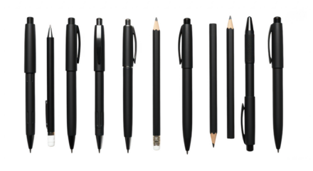 A Lineup of Writing Utensils: A variety of sleek black pens and pencils are arranged in a neat row, showcasing their minimalist design and professional appeal.