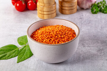 Raw dry red lentil in the bowl