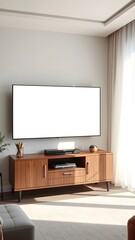 TV screen mounted on wooden cabinet stand