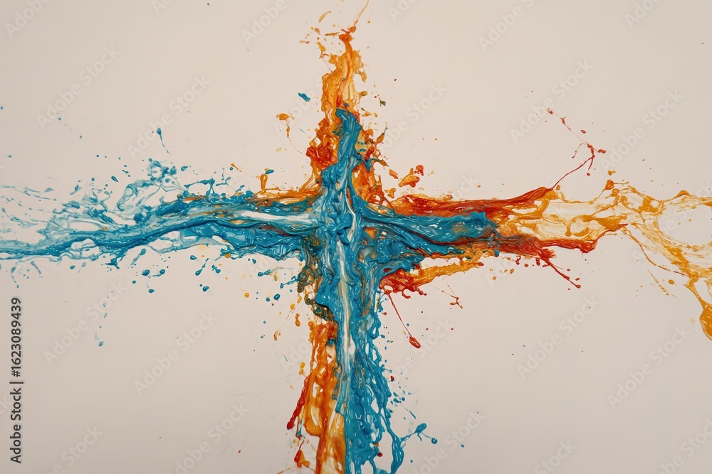 Poster colorful splashes create an abstract cross design on a white background during an artistic project
