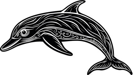 Naklejka premium Graceful leaping dolphin family silhouette art design with ocean waves and sky elements