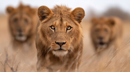 A close-up of a lion with two others in the background, showcasing their majestic features amidst a grassy landscape.