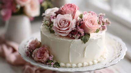 A white cake with pink flowers on top.