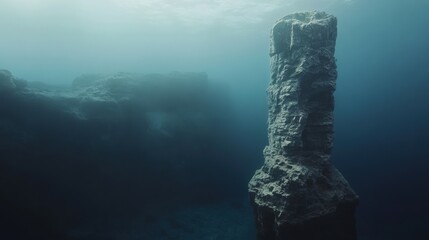 Underwater rock formation in a misty, deep sea environment.