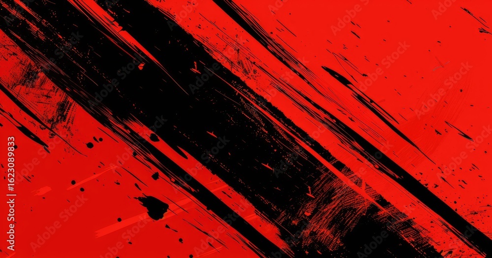 Poster abstract red and black background with dynamic brush strokes and splatters.