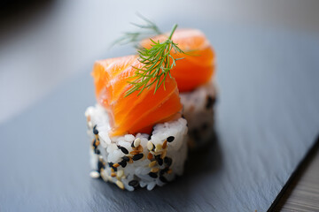 Close-up of gourmet salmon sushi rolls, sesame seeds, dill garnish; elegant food photography.