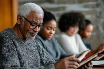 Adults participating in a literacy class at a community center, focusing on reading and learning together in a supportive environment