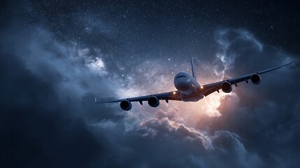 Fototapeta premium Airplane Soaring Through the Sonic Barrier in a Dramatic Night Sky Concept.