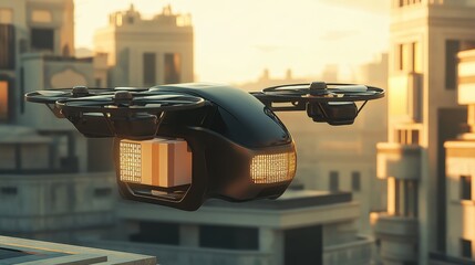 A delivery drone hovers over city buildings.