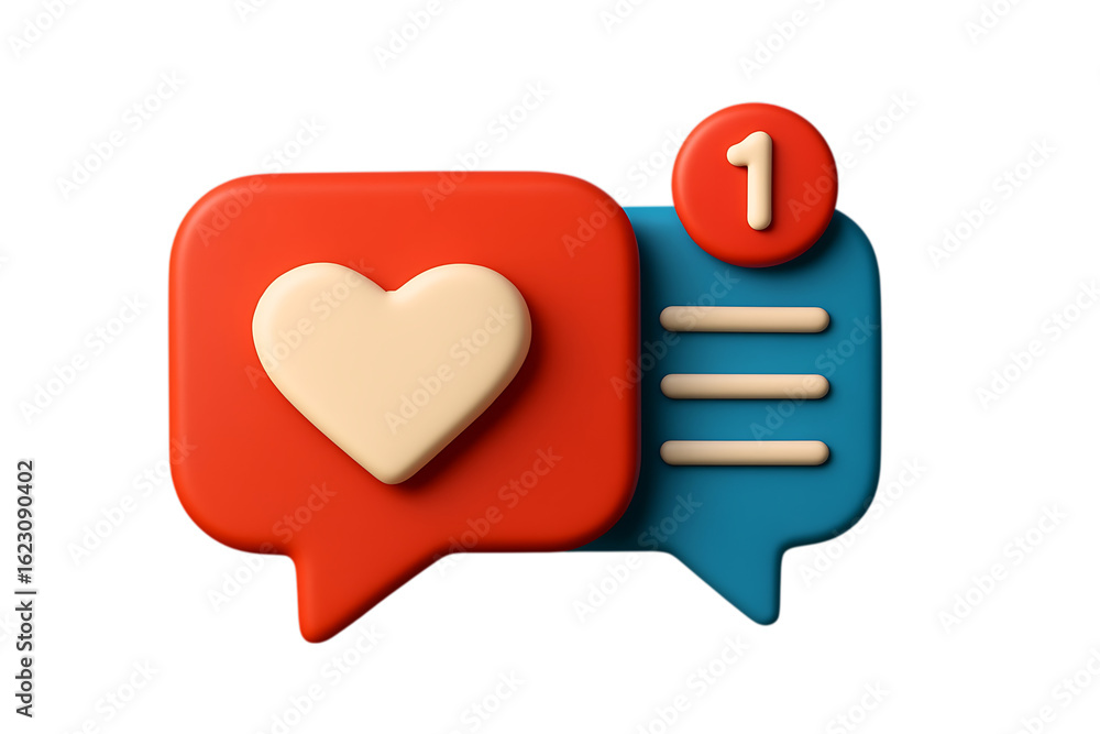 Poster 3d social media notification icons with heart and message isolated on transparent background