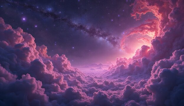 Vibrant cosmic nebula with glowing pink and purple clouds and distant stars