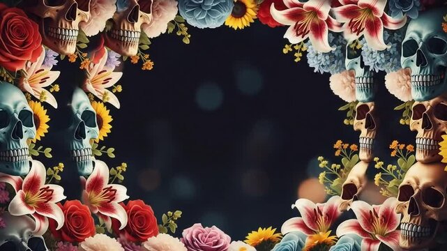 Vibrant floral arrangements featuring decorative human skulls create an ornate border on a dark, mystical background.