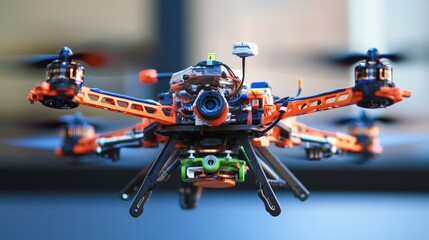 Close-up view of a modern drone in flight.