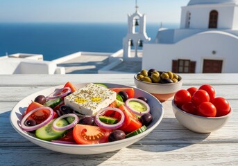 Authentic Greek Salad with Feta and Olives on White Terrace Overlooking Santorini Church and Aegean Sea